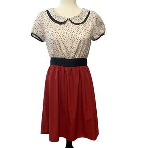 Coco Love Women's Peter Pan Collar Dress Knee Length Retro sz S Cream Red Black